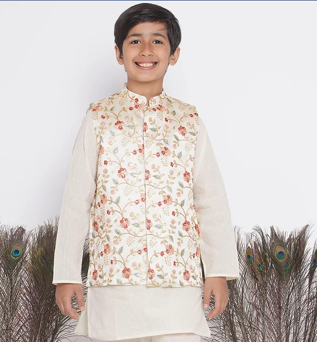 White kurta pajama discount with floral jacket